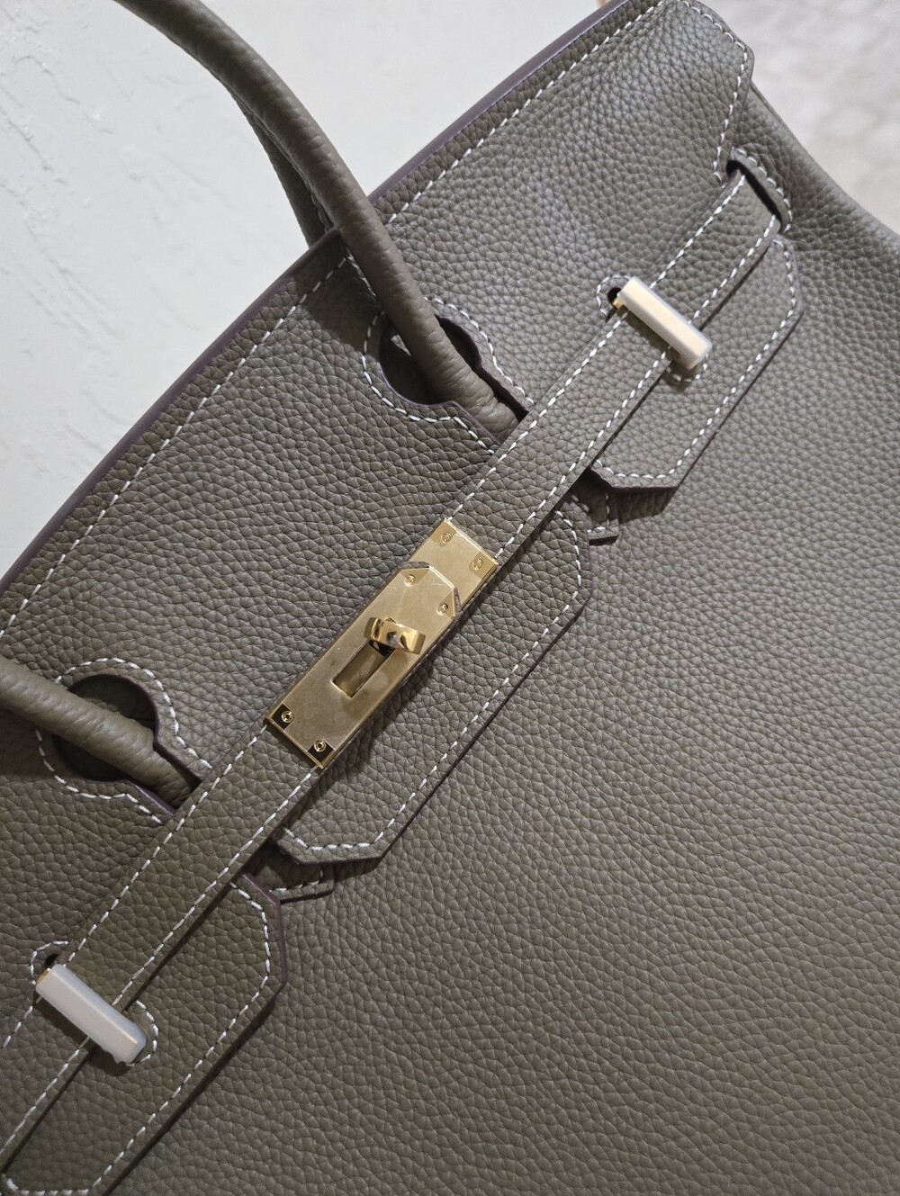 Taupe Leather Top-Handle Tote Bag with Gold Hardware - Picture 5 of 6